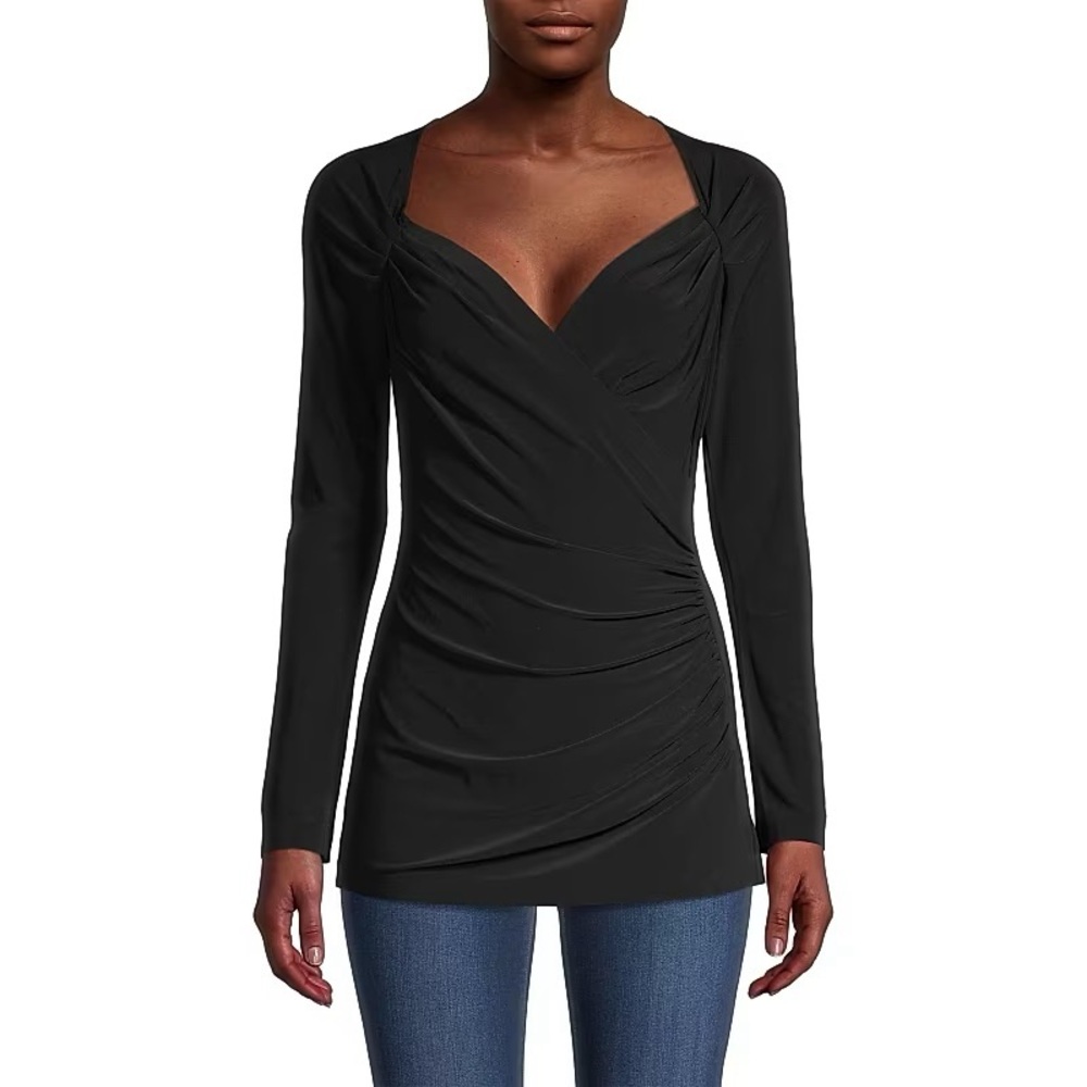 Norma Kamali Draped Sweetheart-Neck Top Black Long Sleeve Women’s Medium